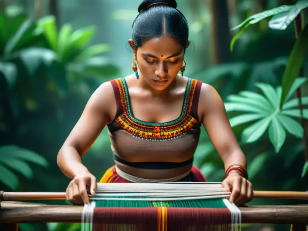 Una mujer maya tejiendo un textil tradicional en telar de cintura, rodeada de hilos vibrantes, en la selva