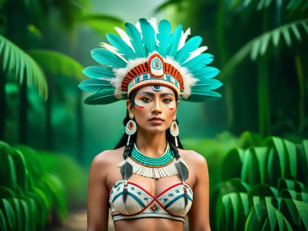 Mujer maya con tocado de plumas vibrantes en la selva