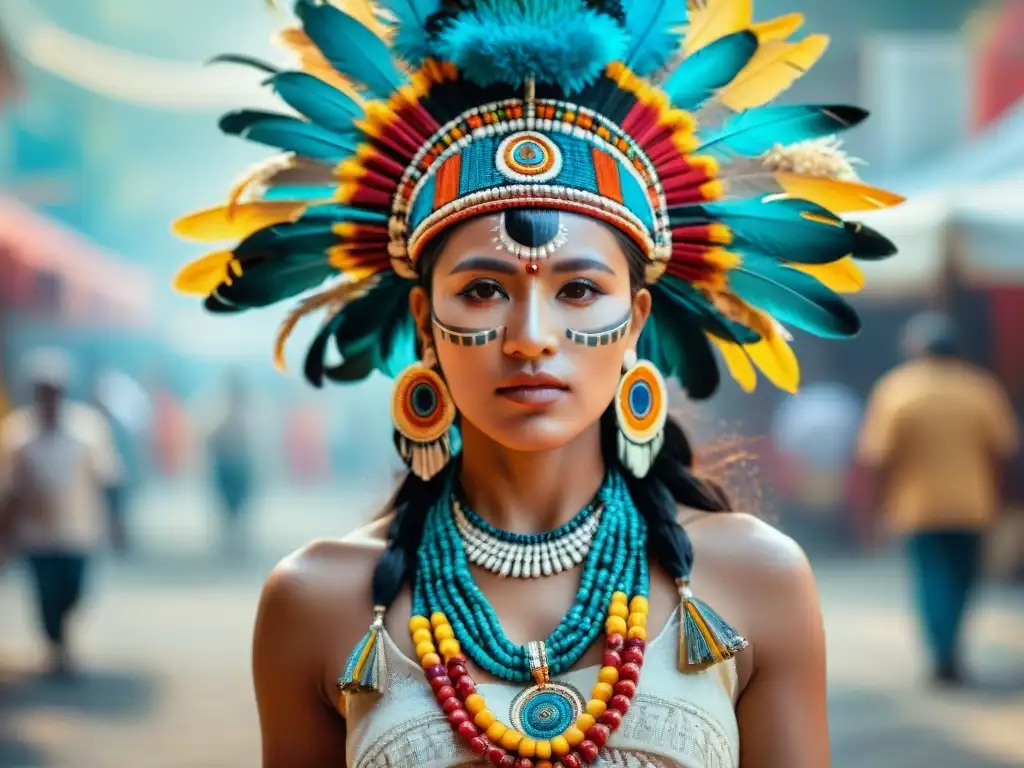 Una mujer maya siendo coronada con un tocado de plumas y abalorios en un mercado, reflejando la importancia de los tocados mayas