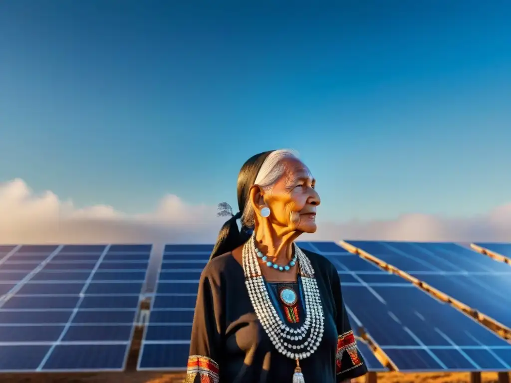 Mujer Sioux mayor orgullosa frente a paneles solares, simbolizando la fusión de tradición y progreso en iniciativas de Energía sostenible tribus Sioux