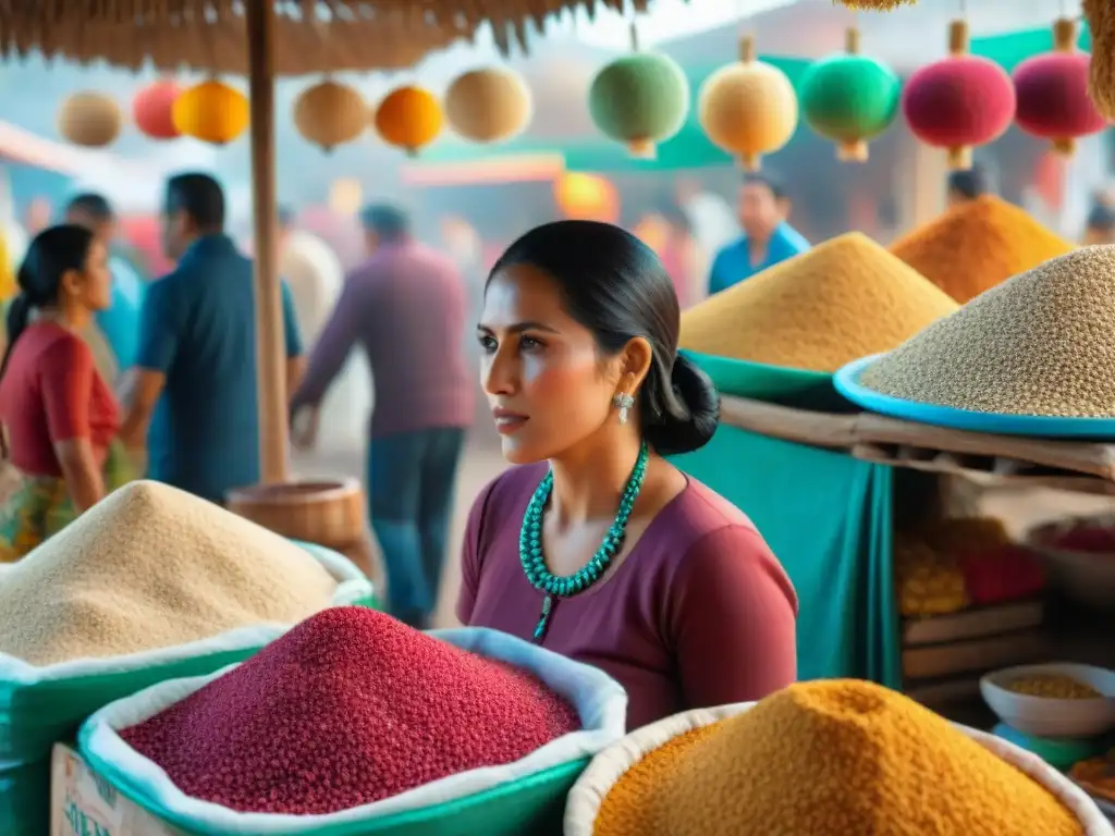 Una mujer mexicana presenta los beneficios del amaranto en nutrición en un mercado colorido y bullicioso