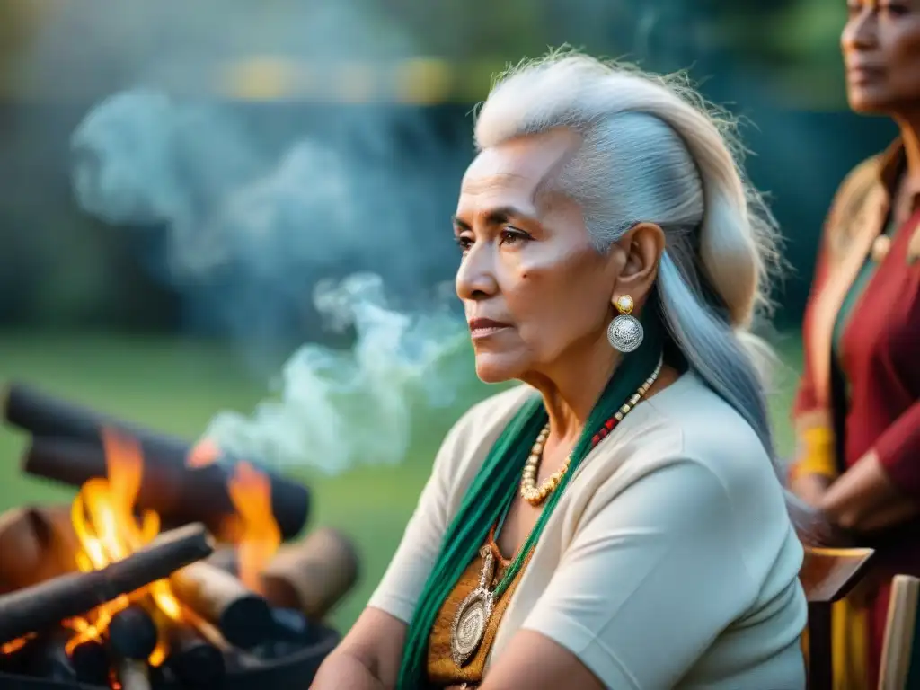 Encuentro de Mujeres Mohawk: Sabiduría y Liderazgo en la Comunidad Mujer Mohawk líder en comunidad, rodeada de mujeres escuchando atentamente en círculo alrededor del fuego al atardecer en el bosque