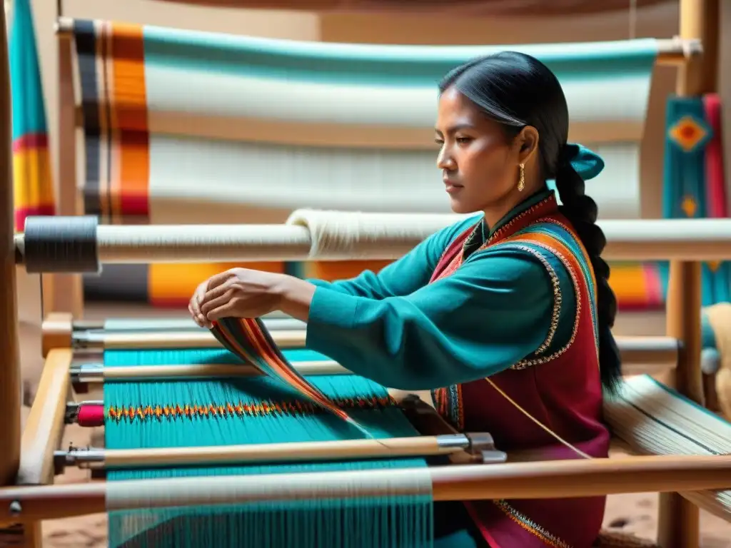 Una mujer navajo teje un intrincado patrón en un telar, rodeada de colores y textiles tradicionales en un acogedor hogan