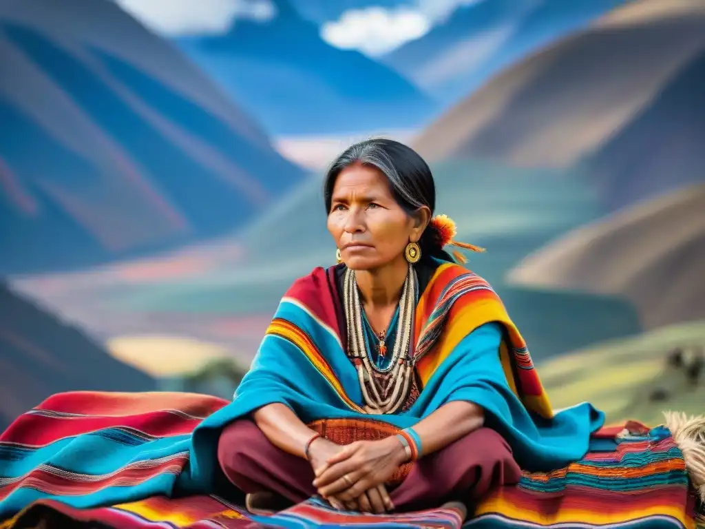 Aymara mujer tejiendo patrones coloridos en manta artesanal, rodeada de textiles andinos y cerámica tradicional