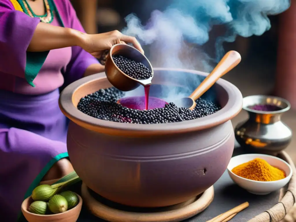 Una mujer peruana preparando chicha morada en olla de barro sobre fuego