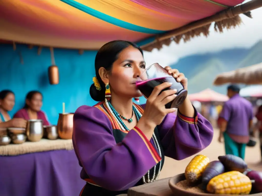 Una mujer peruana tradicional vierte Chicha Morada en un vaso, rodeada de ingredientes frescos en un mercado vibrante