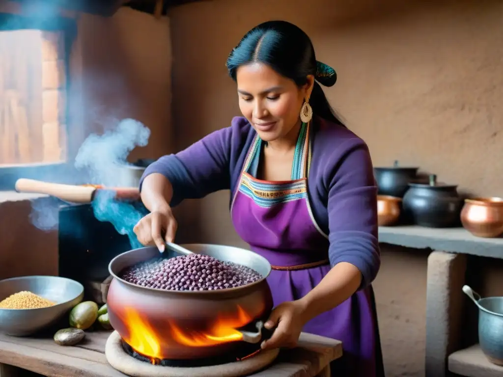 Una mujer peruana tradicional removiendo chicha morada en cocina rústica