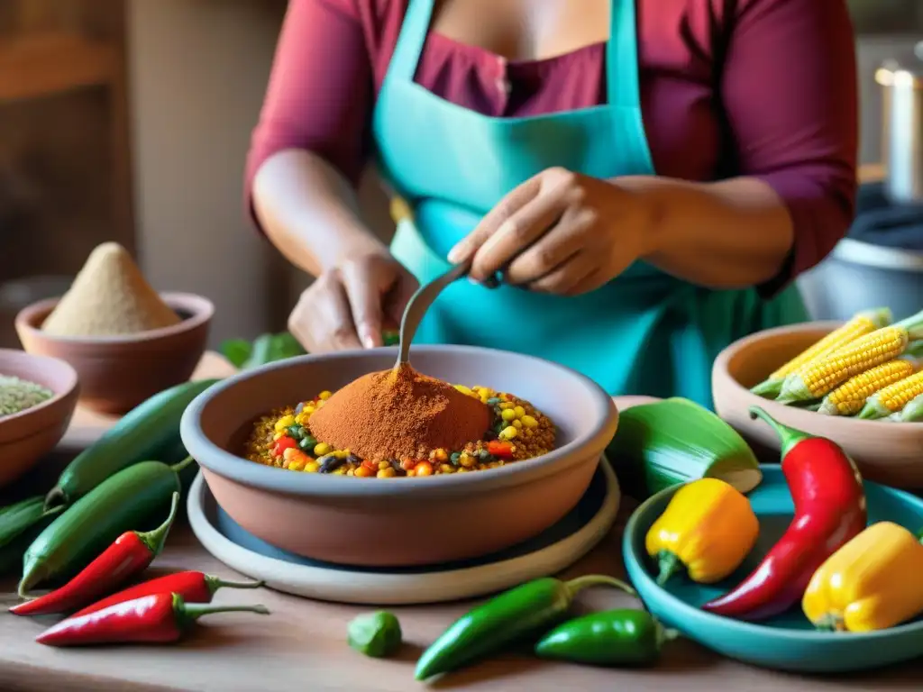 Mujer Purépecha preparando platillos tradicionales en cocina rústica con ingredientes coloridos