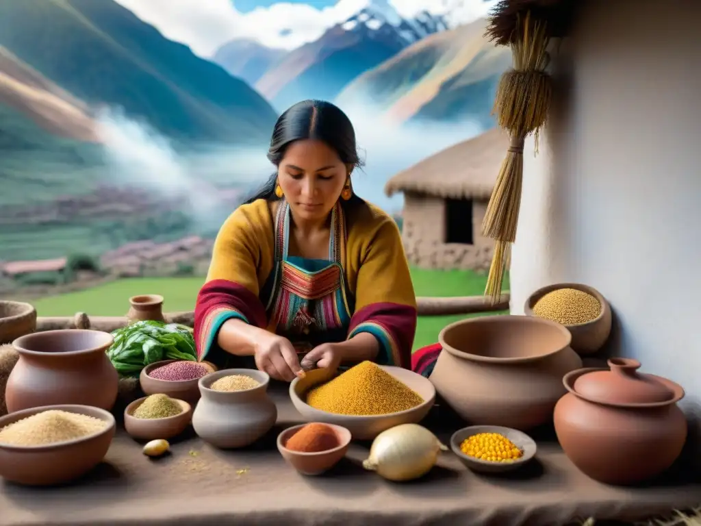 Una mujer Quechua prepara alimentos tradicionales en los Andes, reflejando su conexión con la cultura