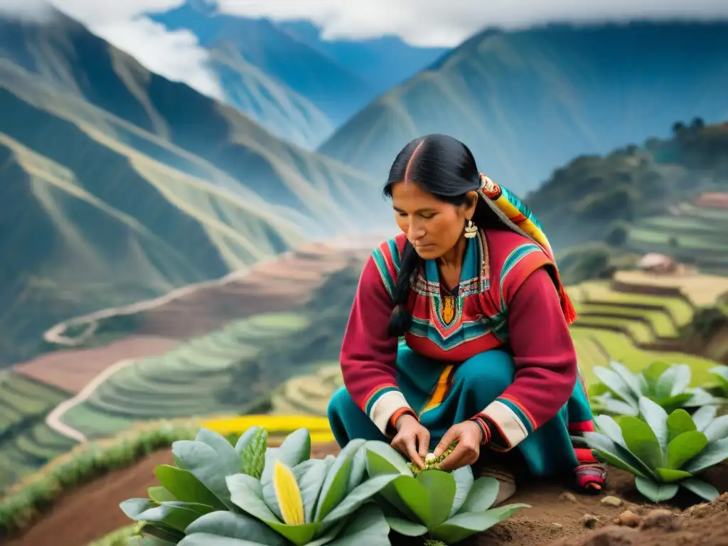 Una mujer quechua planta cultivos andinos en los Andes, resaltando la conservación de la biodiversidad cultural