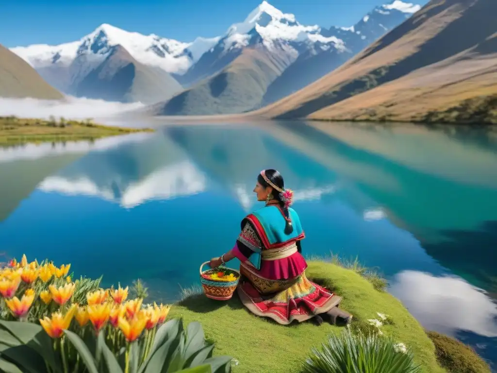 Una mujer quechua ofrece flores en lago andino, resaltando la importancia del agua en cosmovisiones indígenas