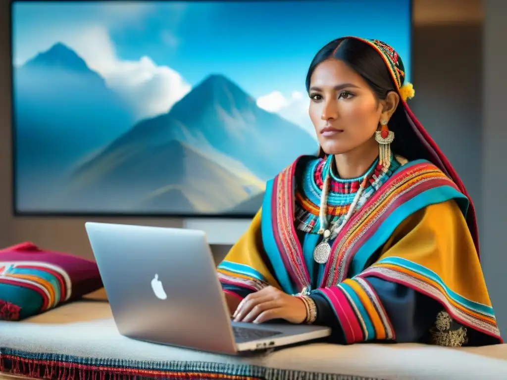 Quechua mujer entre tradición y tecnología: Andes y redes sociales Una mujer Quechua en traje tradicional frente a una laptop con redes sociales, fusionando cultura andina y tecnología