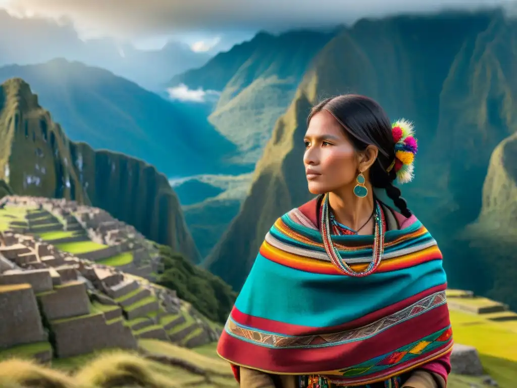 Una mujer Quechua con trajes tradicionales y textiles vibrantes, en las montañas de los Andes con Machu Picchu al fondo