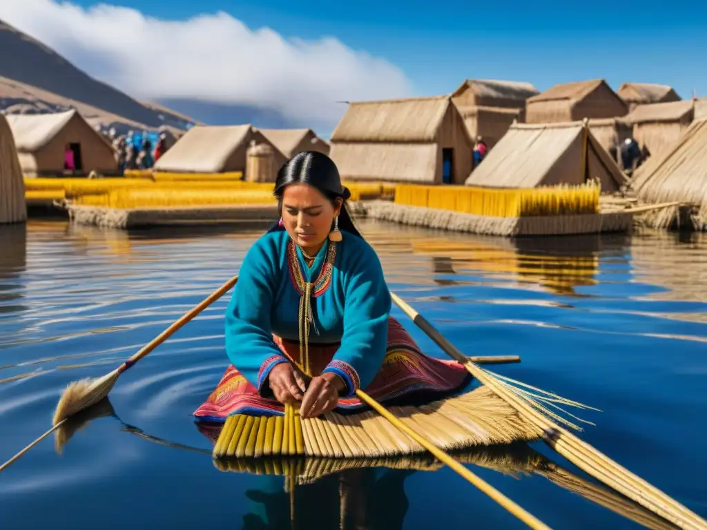 Mujer Uros tejiendo isla flotante en Titicaca: viviendas sostenibles