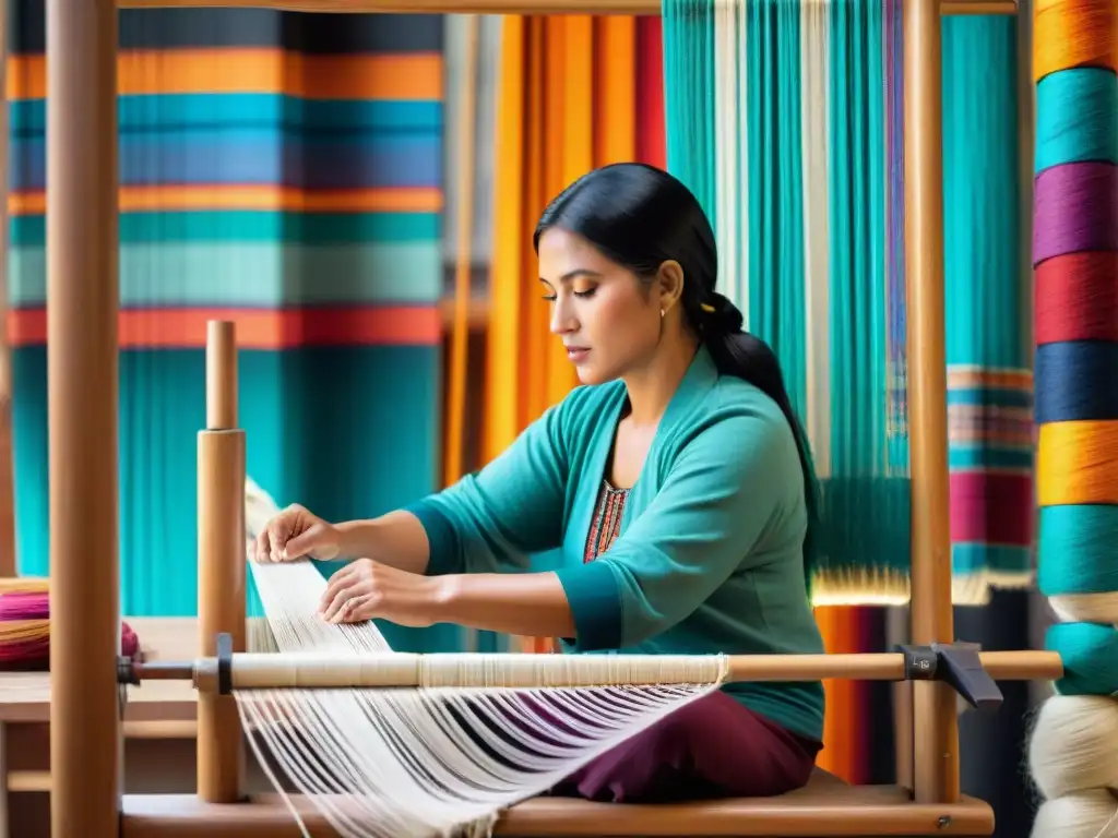 Una mujer zapoteca tejiendo con destreza ancestral en telar tradicional, reflejando la filosofía detrás textiles Zapotecas ancestral