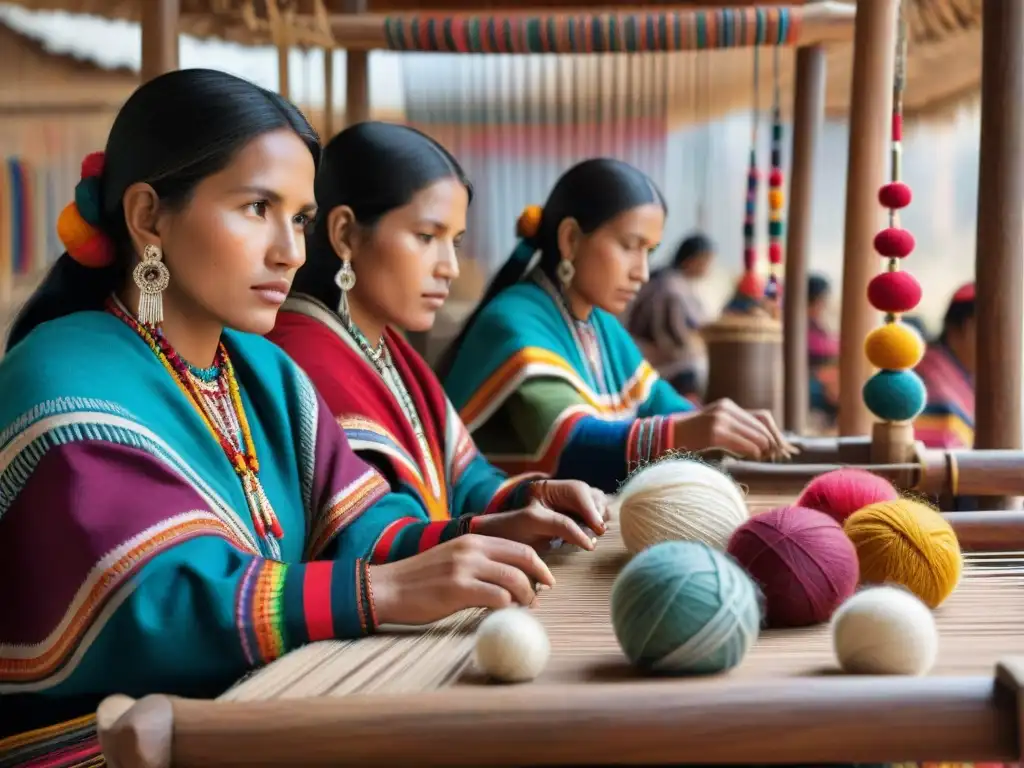 Mujeres andinas tejiendo en telares de madera con arte textil indígena contemporáneo