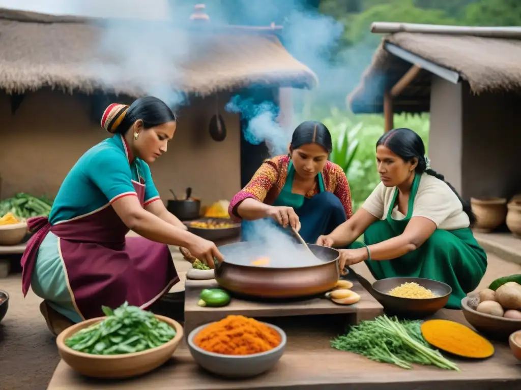 Mujeres preservando la gastronomía indígena con destreza en cocina al aire libre, entre vegetación exuberante