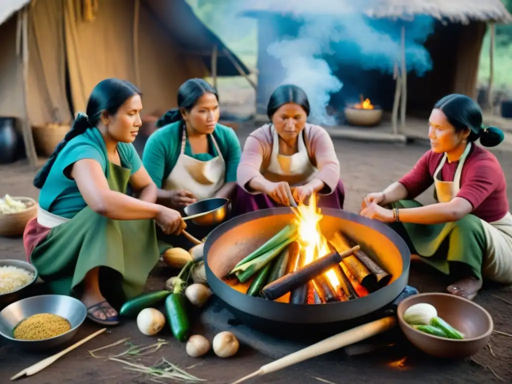 Mujeres preservando la gastronomía indígena alrededor de un fuego, cocinando y compartiendo conocimientos en comunidad