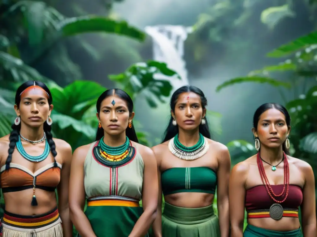 Mujeres guerreras de comunidades amazónicas en la selva, con vestimenta tradicional y joyería tribal, reflejando fuerza y sabiduría