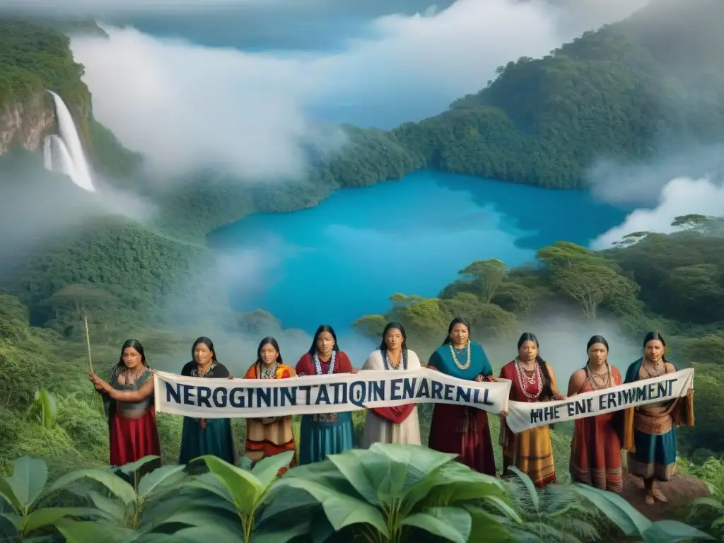 Mujeres indígenas en activismo ambiental unidas en un bosque, transmitiendo fuerza y determinación con mensajes poderosos en sus manos