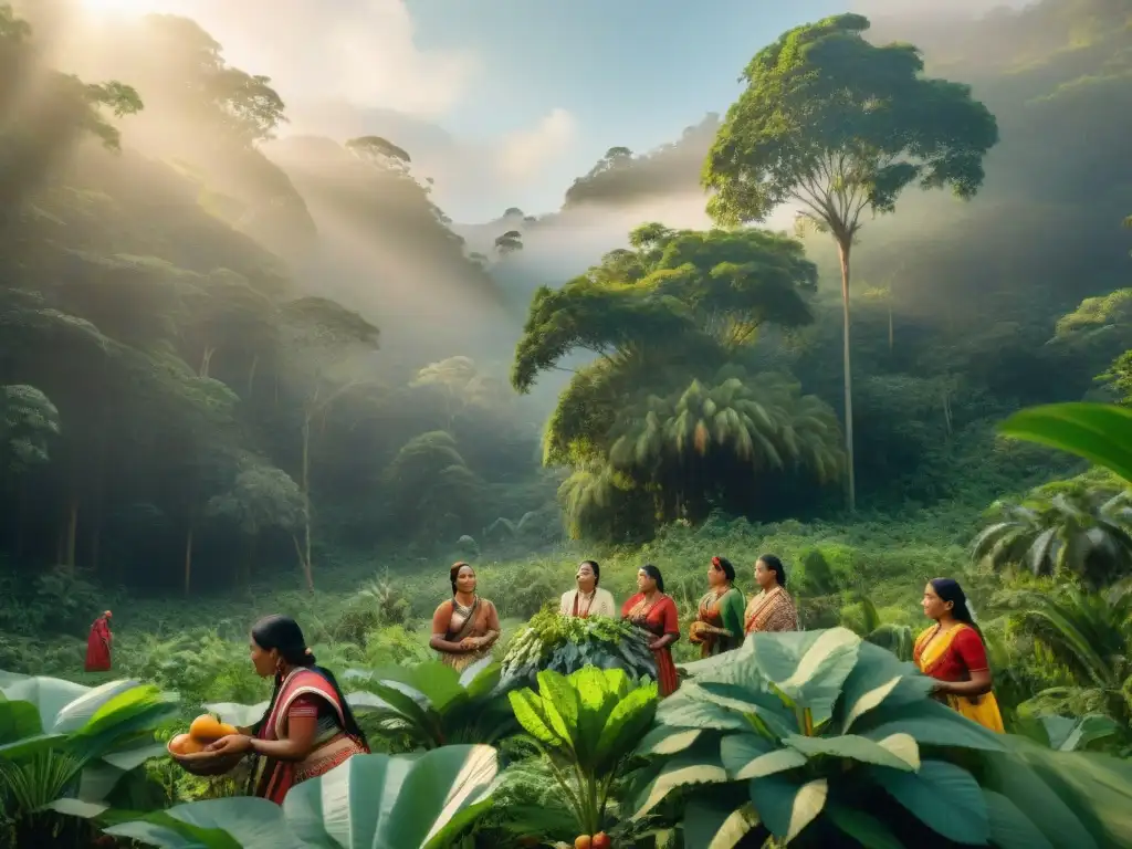 Mujeres indígenas recolectando alimentos en un bosque biodiverso, reflejando la seguridad alimentaria y el impacto del cambio climático