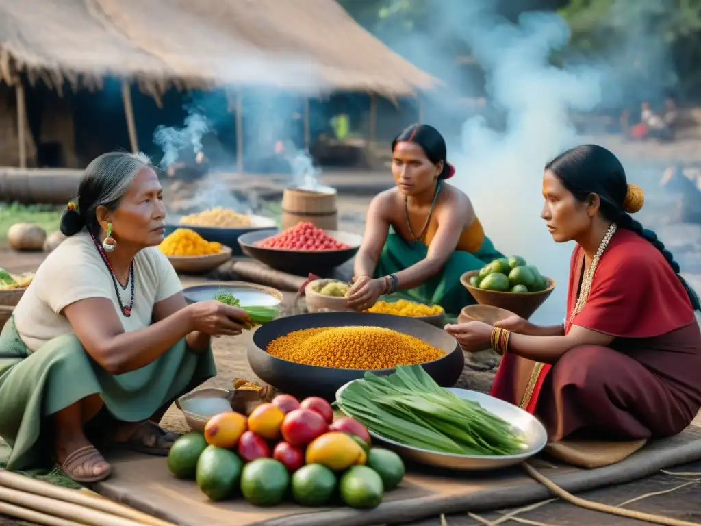 Mujeres indígenas secando alimentos al sol mientras hombres ahúman pescado, técnicas conservación alimentos culturas indígenas