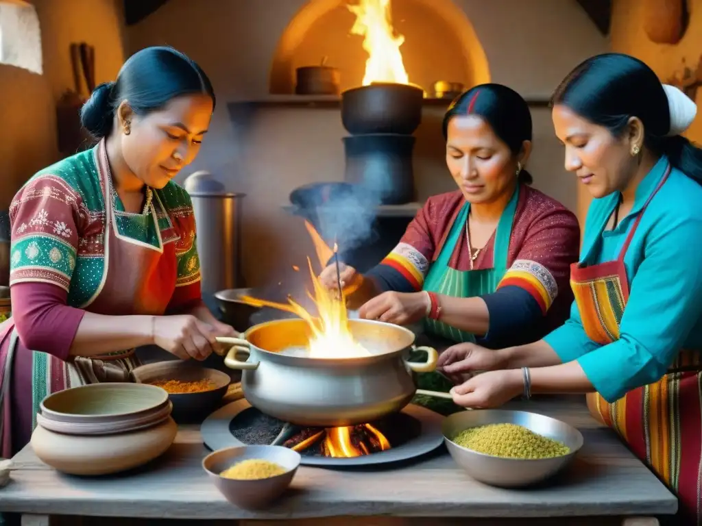 Mujeres indígenas preservando la gastronomía ancestral en una cocina rústica llena de color y tradición