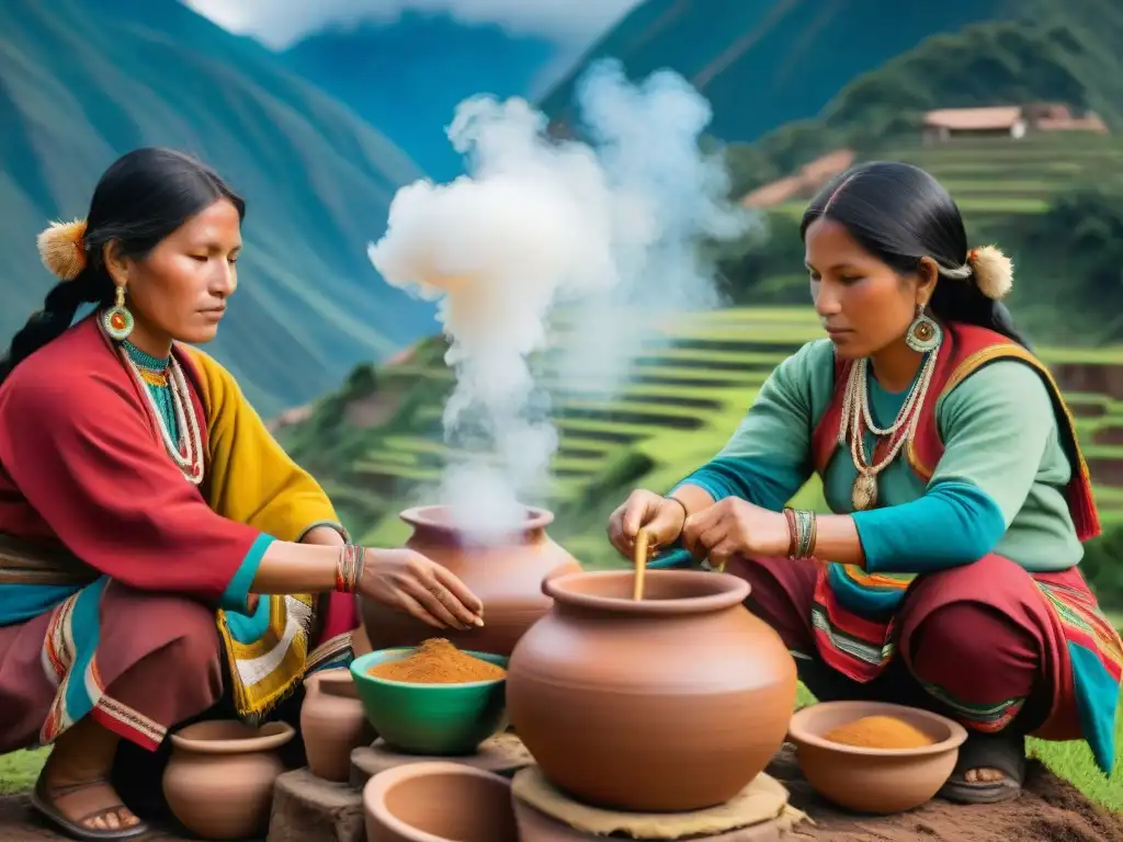 Mujeres indígenas andinas elaborando chicha en ollas de barro, rodeadas de textiles vibrantes y montañas verdes, fusionando tradición ancestral con innovación en bebidas indígenas ancestrales