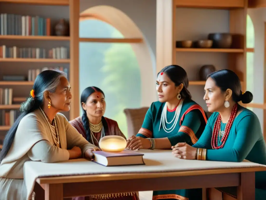 Mujeres indígenas en animada discusión sobre revitalización lingüística, rodeadas de libros en idiomas autóctonos