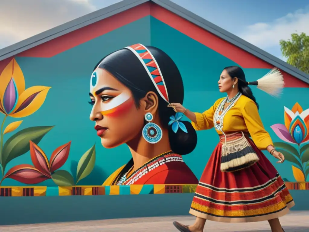 Mujeres indígenas arte activismo: Pintando mural vibrante que fusiona tradición y empoderamiento, inspirando a la comunidad