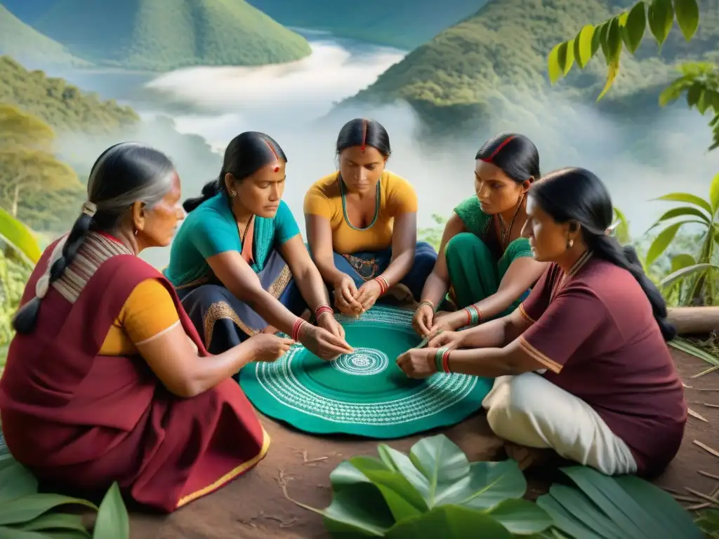 Mujeres indígenas tejiendo artes textiles en la naturaleza