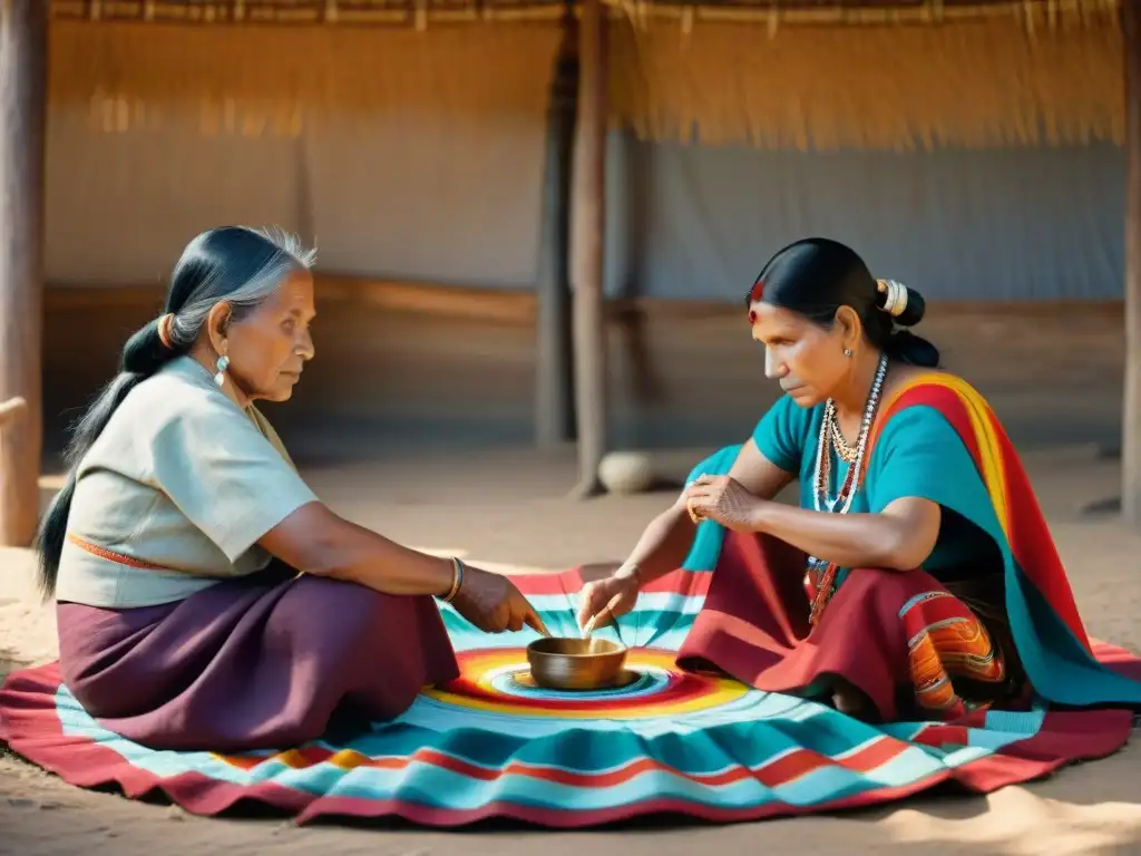 Mujeres indígenas tejiendo artes textiles con técnicas ancestrales en un entorno natural y colorido