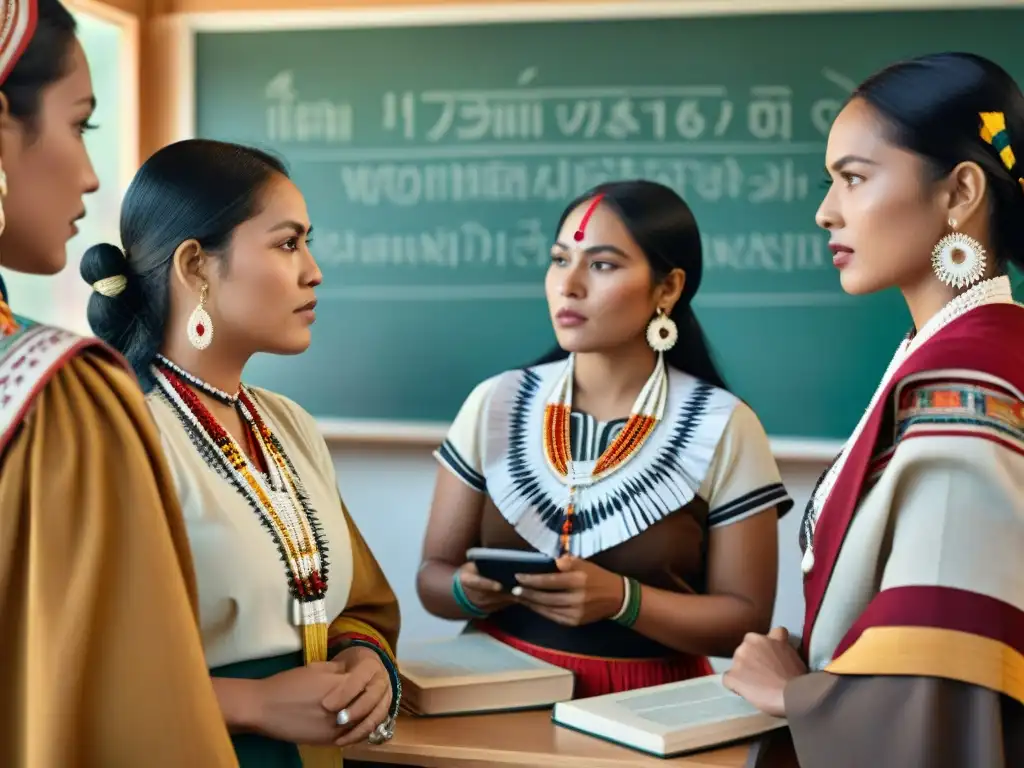 Mujeres indígenas en educación: Grupo conversando en aula moderna con elementos tradicionales y tecnológicos, refleja empoderamiento y conocimiento