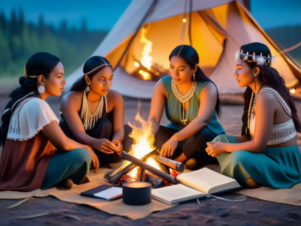 Mujeres indígenas en cambio narrativo, reunidas alrededor de fogata bajo cielo estrellado, compartiendo historias y sueños