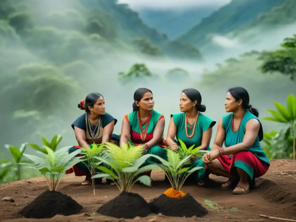 Mujeres indígenas en cambio social: Grupo trabajando unidas para plantar árboles en un bosque exuberante