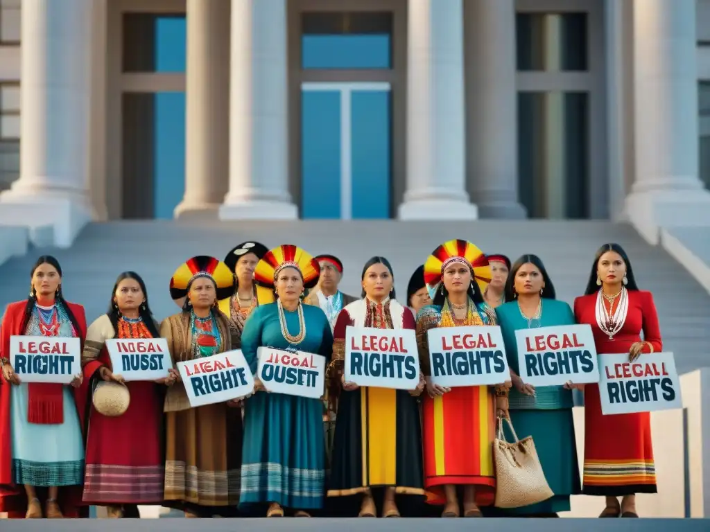 Mujeres indígenas con carteles por derechos legales frente a tribunal, luchando con determinación y coloridas vestimentas