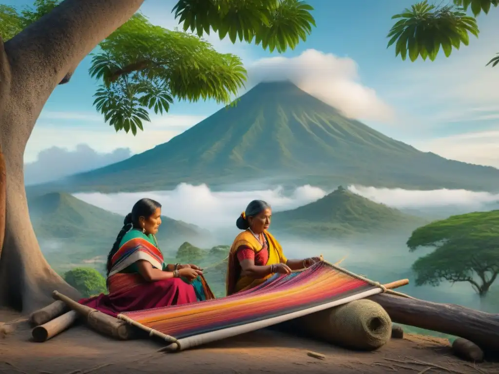 Mujeres indígenas de Guatemala tejiendo bajo un Ceiba, simbolizando la revitalización del arte textil indígena