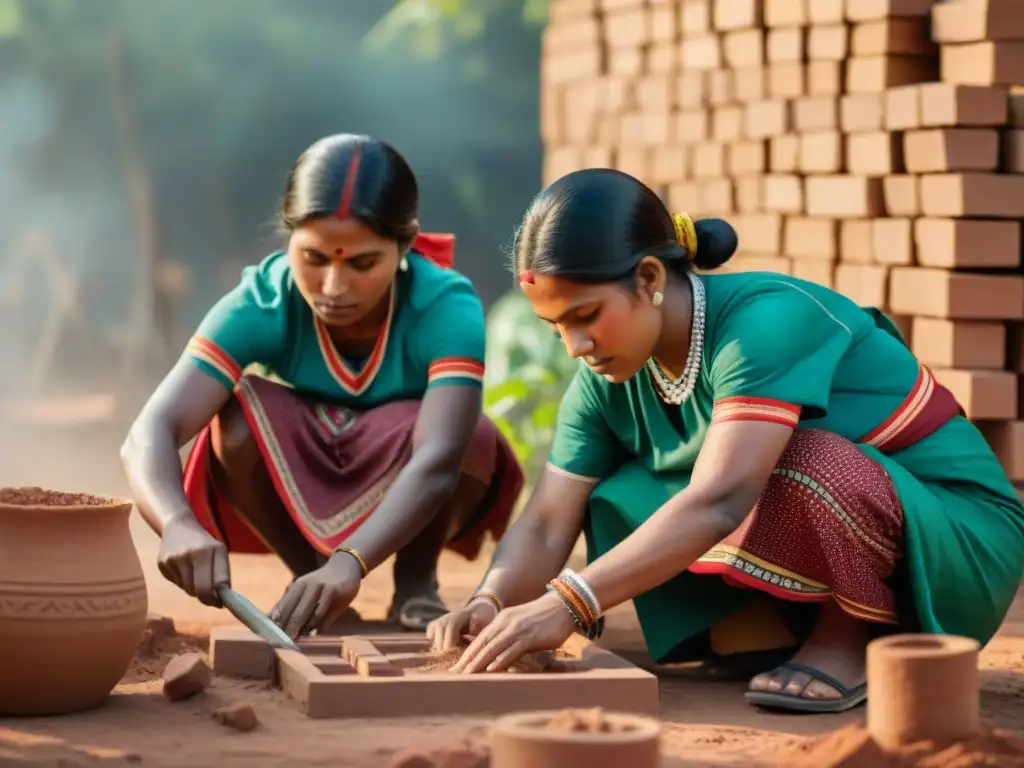 Mujeres indígenas construyendo centro comunitario al atardecer