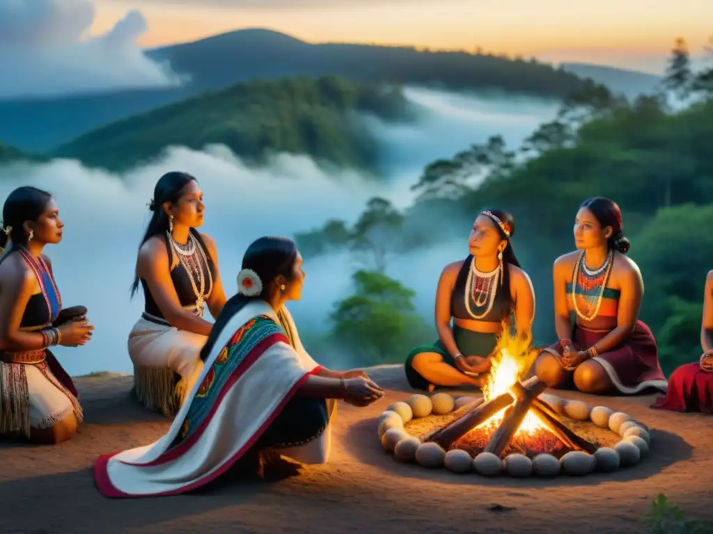 Mujeres indígenas en ceremonia alrededor del fuego sagrado, simbolizando la cosmovisión indígena