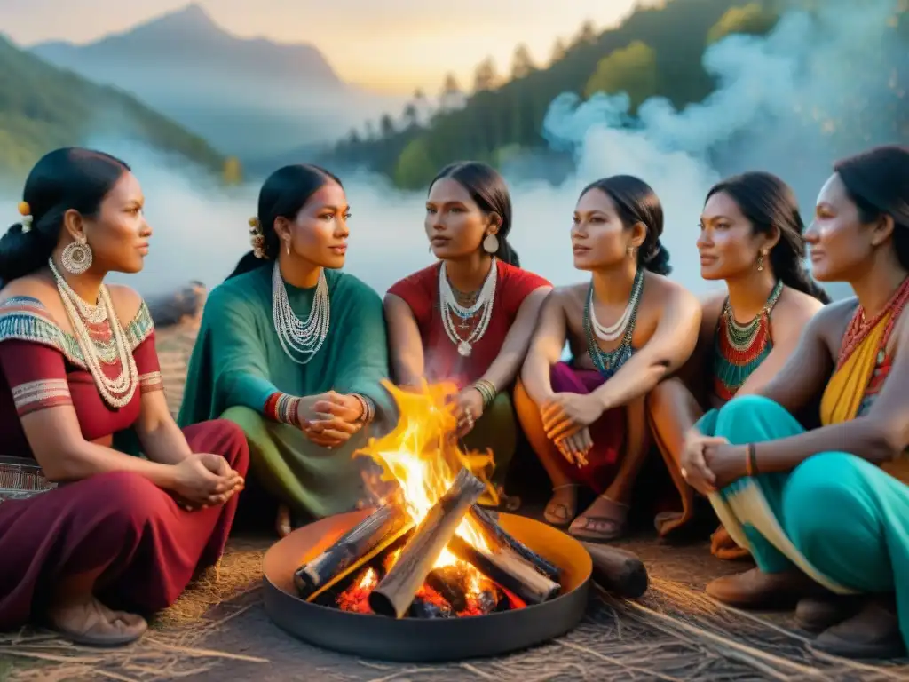 Mujeres indígenas participan en ceremonia tradicional alrededor del fuego en la selva, resaltando la participación de la mujer indígena