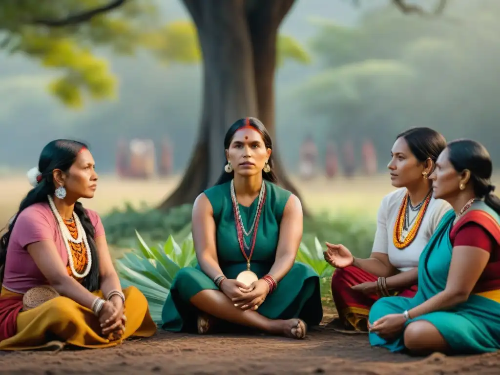 Mujeres indígenas en círculo bajo árbol, transmiten fuerza y determinación por derechos y justicia social