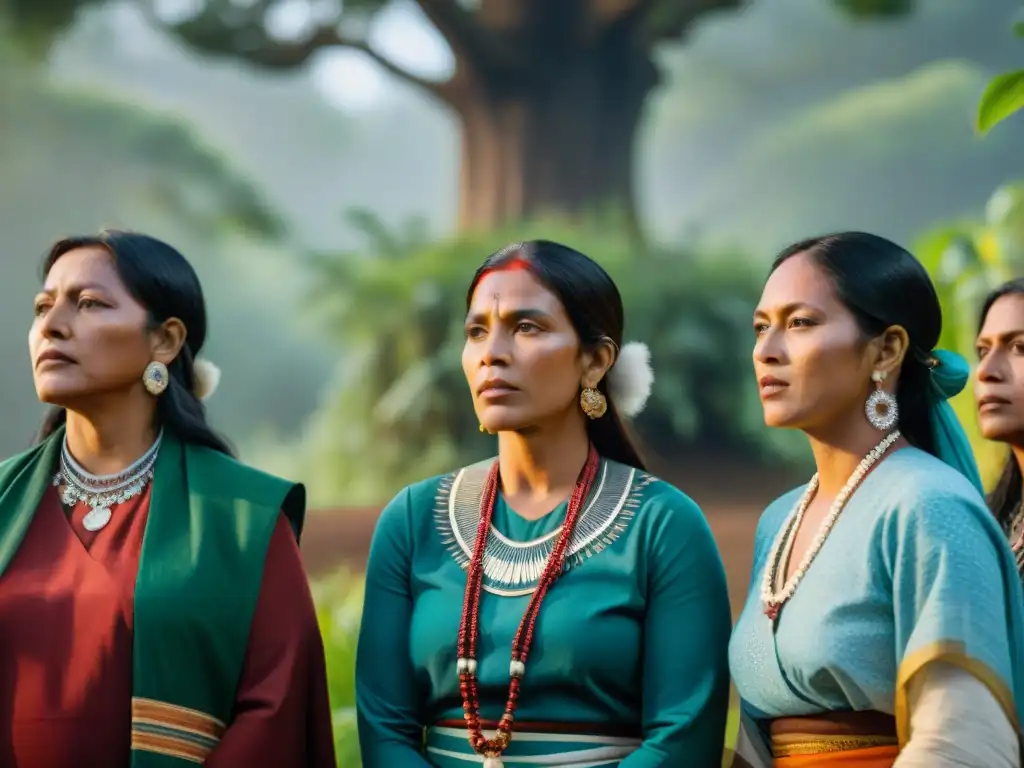 Mujeres indígenas en círculo bajo árbol, discutiendo unidas por cambio político