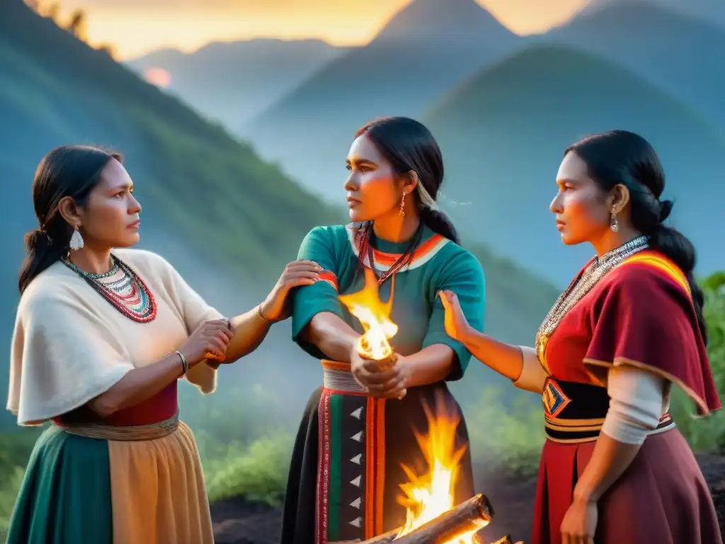 Mujeres indígenas unidas en círculo alrededor del fuego, mostrando determinación y fuerza en su lucha contra la violencia de género