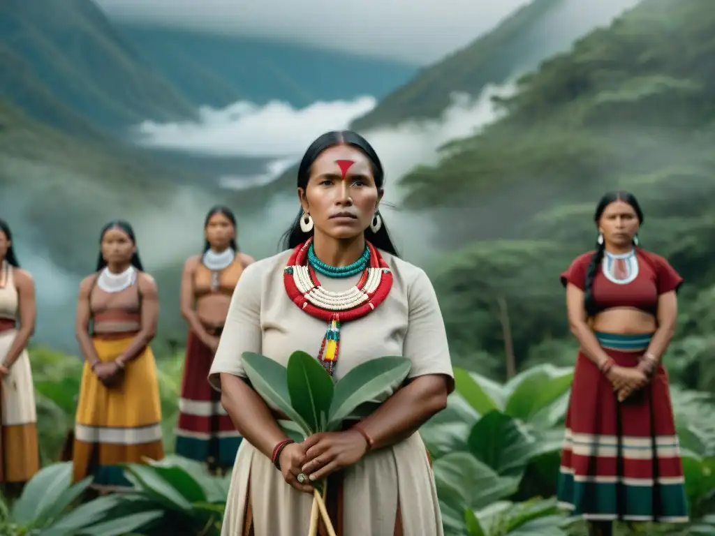 Mujeres indígenas unidas en círculo con objetos simbólicos por el activismo ambiental, en contraste con la belleza y amenazas de la naturaleza