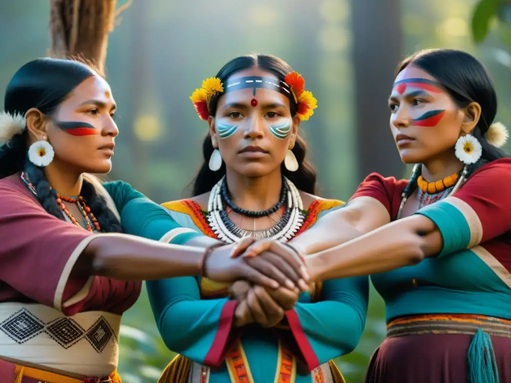 Mujeres indígenas unidas en círculo, transmitiendo orgullo y sabiduría, con la naturaleza como testigo de su fortaleza y riqueza cultural