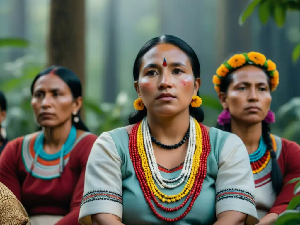 Mujeres indígenas en círculo mostrando resistencia al patriarcado y colonialismo en la selva