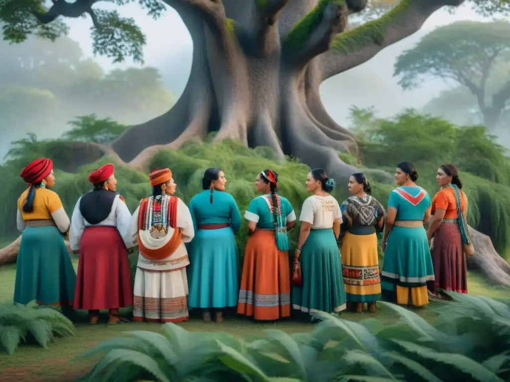 Mujeres indígenas en círculo, vestidas con trajes tradicionales, conversan bajo un árbol en un encuentro comunitario