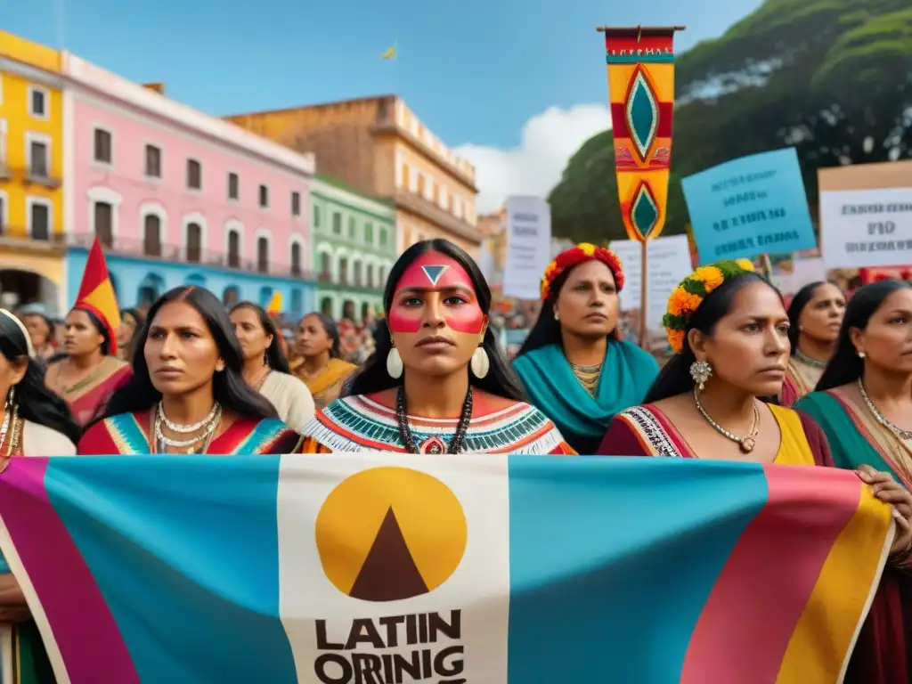 Mujeres indígenas en círculo, protesta vibrante, mensajes empoderadores, patrones de fuerza y unidad, multitud diversa escucha atenta