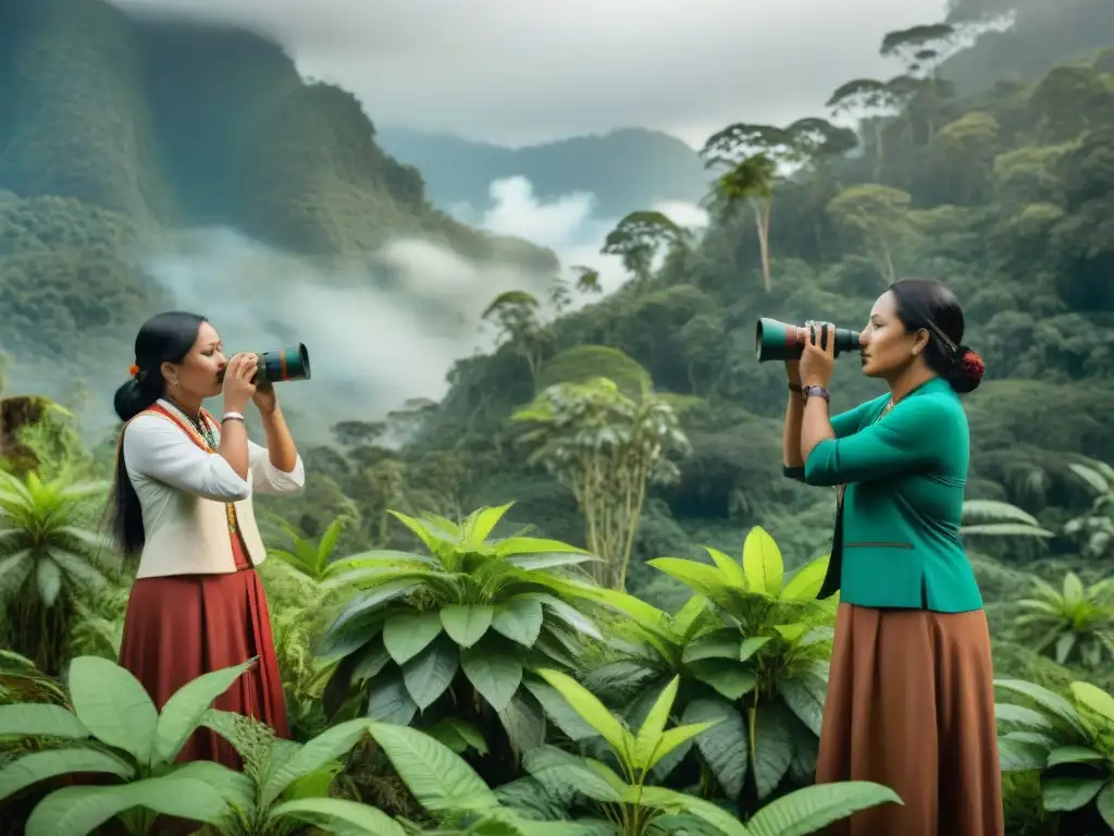 Mujeres indígenas preservando la cultura y biodiversidad en la selva, plantando árboles y cuidando la fauna y flora