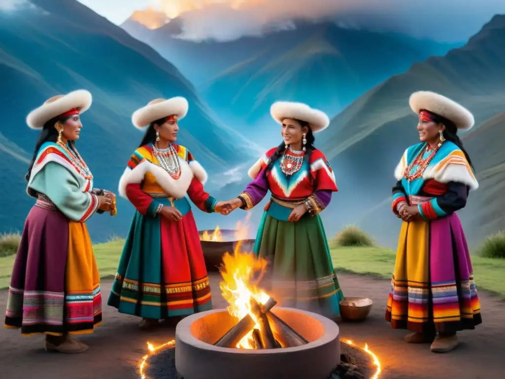 Mujeres indígenas de los Andes en danza ceremonial alrededor de fogata